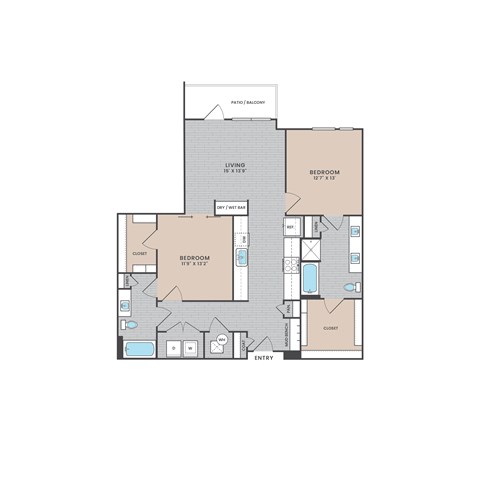 Floor plan for 2 beds, 2 baths, 1197 sqft